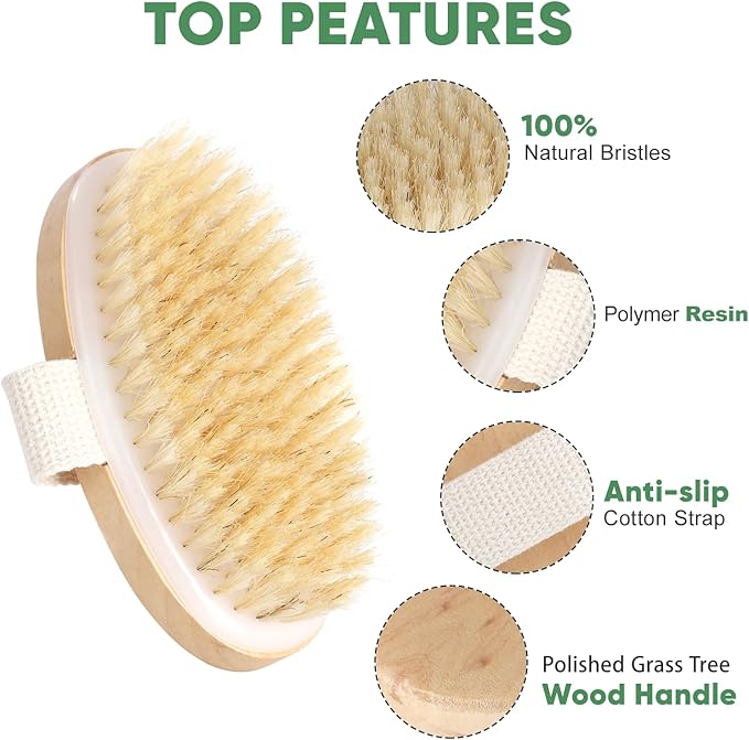 Dry Brushing Oval Brush, Soft-Bristled Bath Brush for Body, Wooden Exfoliating Shower Dry Brush for Smooth Skin, Circulation Improvement