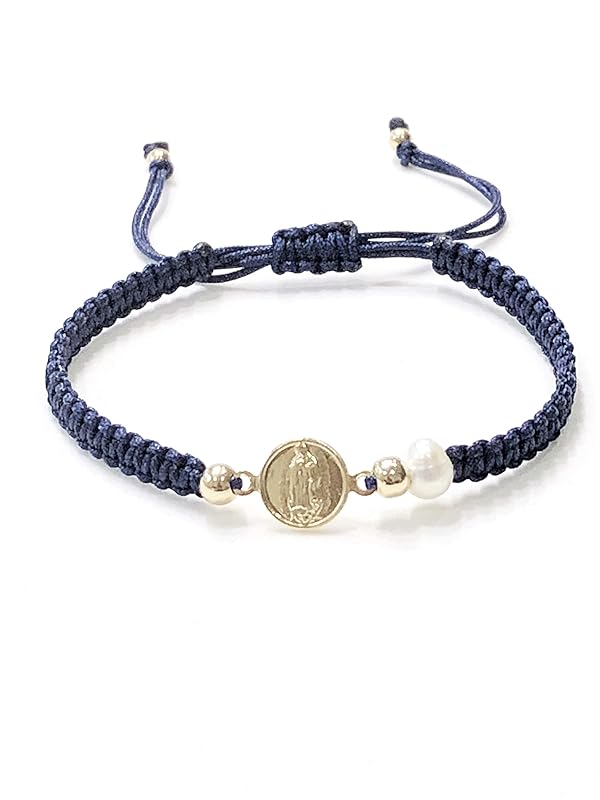 Our Lady of Guadalupe Medal and Dainty Cultured Fresh Father Pearl Adjustable Red String Bracelet Pulsera de la Virgen de Guadalupe para Mujeres (Blue)