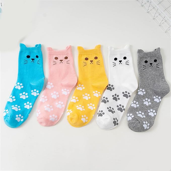 Funny Animal Socks for Women with 3D Cats Ears and Paws Print Cotton Middle Calf Socks Hosiery for Parties or Daily