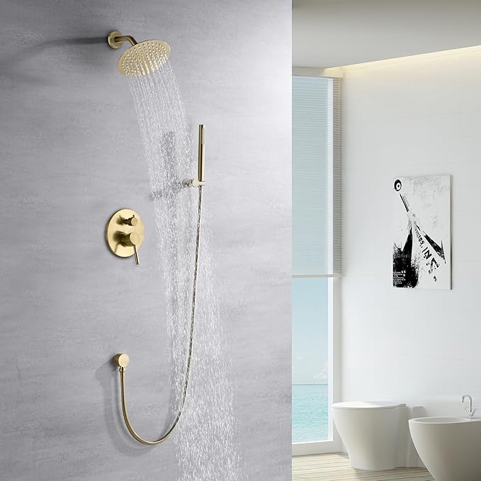Sumerain Brushed Gold Shower Faucet System with high pressure 8 Inches rain shower head and brass hand shower, Rough-In Valve Body and Trim Included