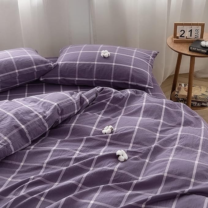 FACE TWO FACE Bedding Duvet Cover Set 3 Pieces 100 Washed Cotton Duvet Cover Linen Like Textured Breathable Durable Soft Comfy(Queen, Purple Grid)