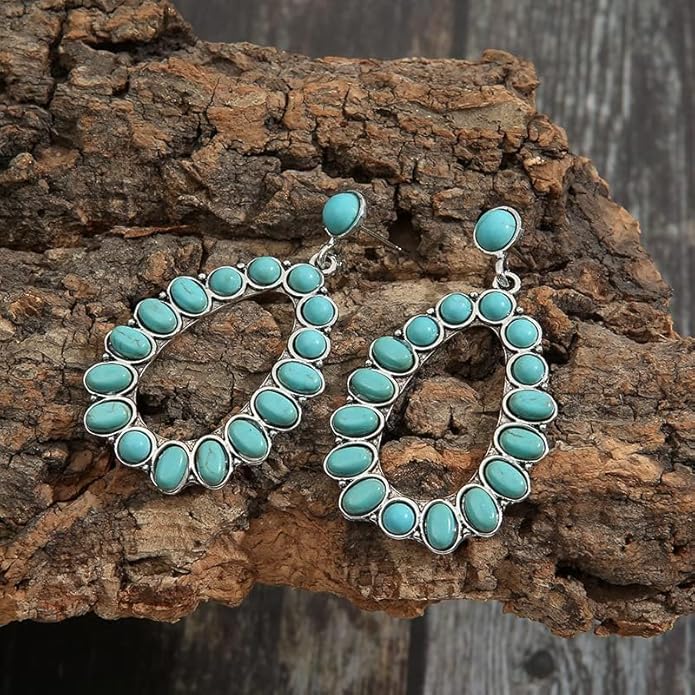 Boho Turquoise Oval Drop Dangle Earrings for Women Beaded Western Flower Teardrop Earrings Vintage Ethnic Alloy Pendant Jewelry Gift