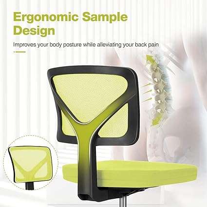 Armless Ergonomic Home Office Chair wLumbar Support, Low Back Rolling Swivel Chair with Adjustable Height - Yellow