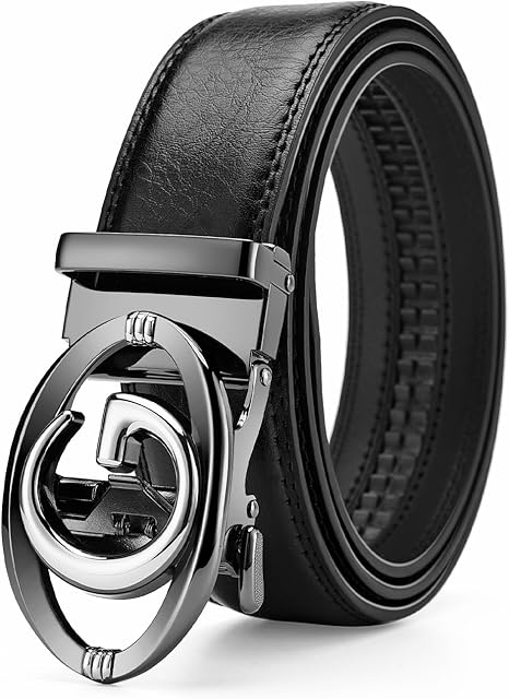 Mens Ratchet Belt Click Slide Black Leather Belt 1.38" Wide