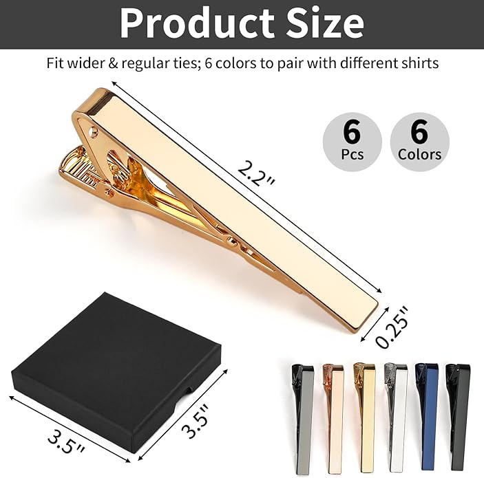 6 Pcs Tie Clips for Men, 6 Classic Colors Shiny & Glossy Tie Bar, Ideal for Father, Husband, Boyfriend, Business, Wedding, Tie Pins with Gift Box