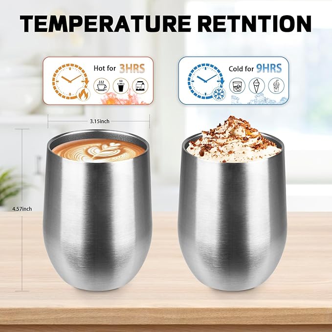 StarSpeed 12oz Wine Tumbler with lid, Stainless Steel Travel Mugs Stemless Double Wall Insulated Coffee Cup, Insulated Wine Glasses Travel Tumbler for Cold Hot Drinks(Silver, 1)