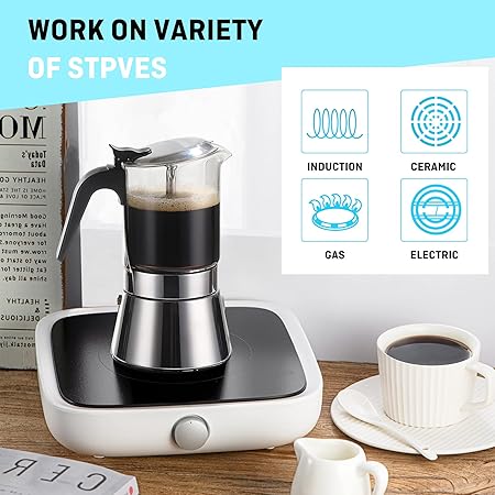 Moka Induction Stovetop Espresso Maker,Crystal Glass-top Stainless Steel Espresso Moka Pot,Classic Italian coffee maker,240ml(6cup)