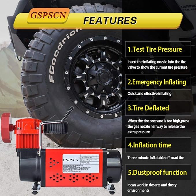GSPSCN Portable 12V Air Compressor Pump, 150PSI Red Tire Inflator, Heavy Duty Auto Air Pump,for Car, Truck, RV, ATV, Bike,Balls,Lawn Mower and Other Inflatables