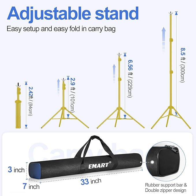 EMART Backdrop Stand 10x7ft(WxH) Photo Studio Adjustable Background Stand Support kit with 2 Crossbars, 8 Clamps, 2 Sandbags and Carry Bag for Parties, Events Decoration, Wedding -Titanium Gold
