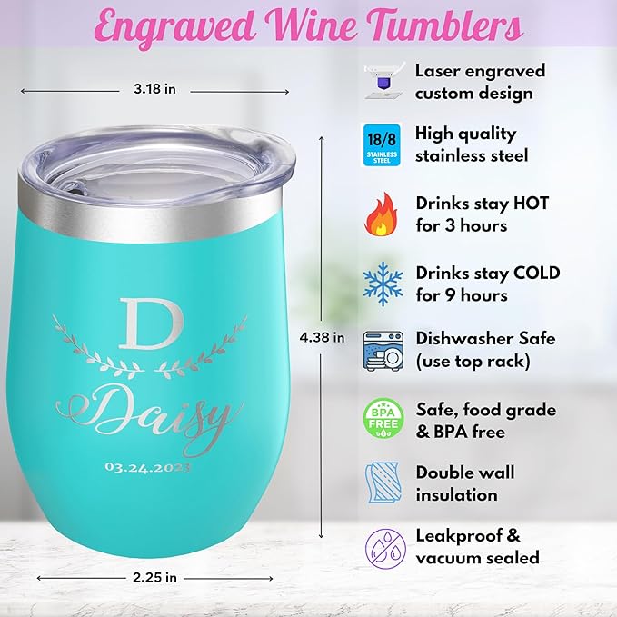 Gifts Inscribed Personalized Wine Tumbler with Lid Custom Stainless Steel Tumbler Engraved - Customized Wine Travel Mug Insulated for Hot and Cold - Gift for Wedding, Bridal Party, Birthday (Teal)