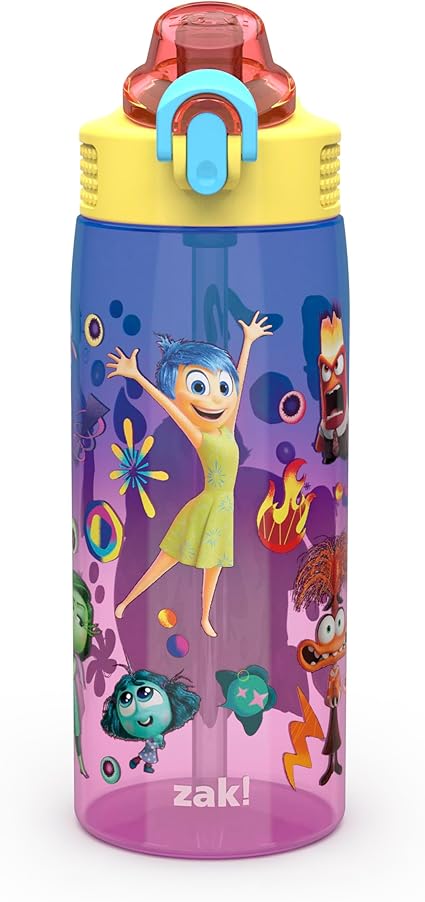 Zak Designs Disney and Pixar Inside Out 2 Sage Water Bottle For School or Travel, 25oz Durable Plastic Water Bottle With Straw, Handle, and Leak-Proof, Pop-Up Spout Cover (Emotions)