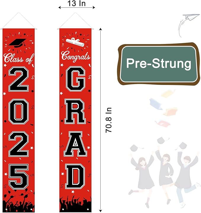 Graduation Decorations 2025, Graduation Banner Class of 2025, Hanging Congratulations/Congrats Grad Banner for Door and Porch, Party Decor - Red