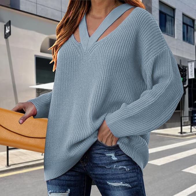 Women's Cut Out V Neck Knit Sweater Jumper Oversized Casual Long Sleeve Fall Pullover Tops
