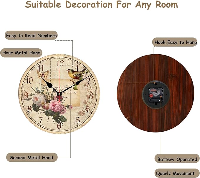 12 Inch Wood Wall Clock Silent Non-Ticking Wall Clocks for Office,Bathroom,Living Room,Dining Room,Kitchen Decoration, FlowersBirds Style Round Hanging Clock