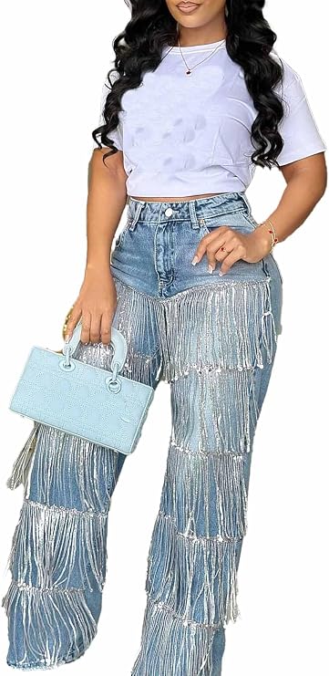 pnahip Women's High Waisted Sequin Fringe Jeans Baggy Straight Leg Sparkly Tassels Denim Pants Y2K Streetwear