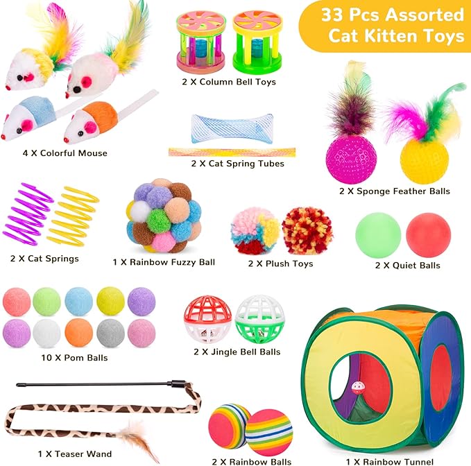 Retro Shaw 33 Pack Cat Toys, Interactive Indoor Cat Toys, Kitten with Folding Play Tunnel, Tent, Feather Wand, Teaser, Bell, Ball Springs