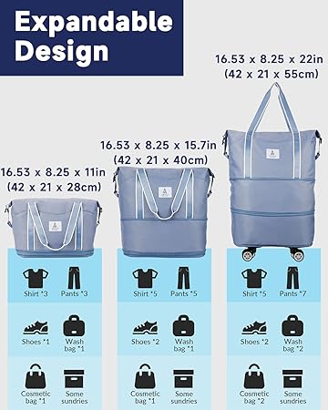 Rolling Duffle Bag with Detachable Wheels and Adjustable Shoulder Strap, Large Expandable Foldable Carry On Luggage Bag with Handle and Suitcase Sleeve, Weekender Bag for Travel Airplane 25L-55L