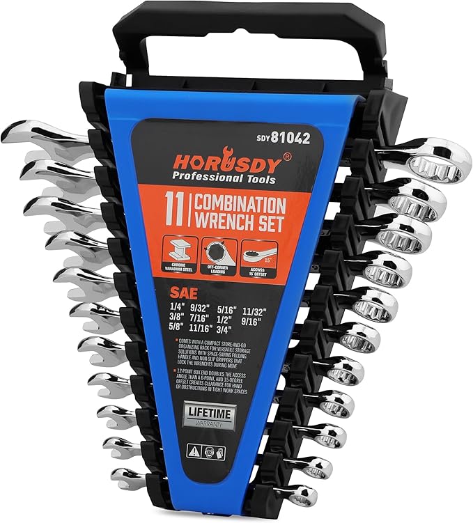 HORUSDY 11-Piece Sae Wrench Set Combination Wrench Set with Organizer 12 Point 14" - 34" Chrome Vanadium Steel