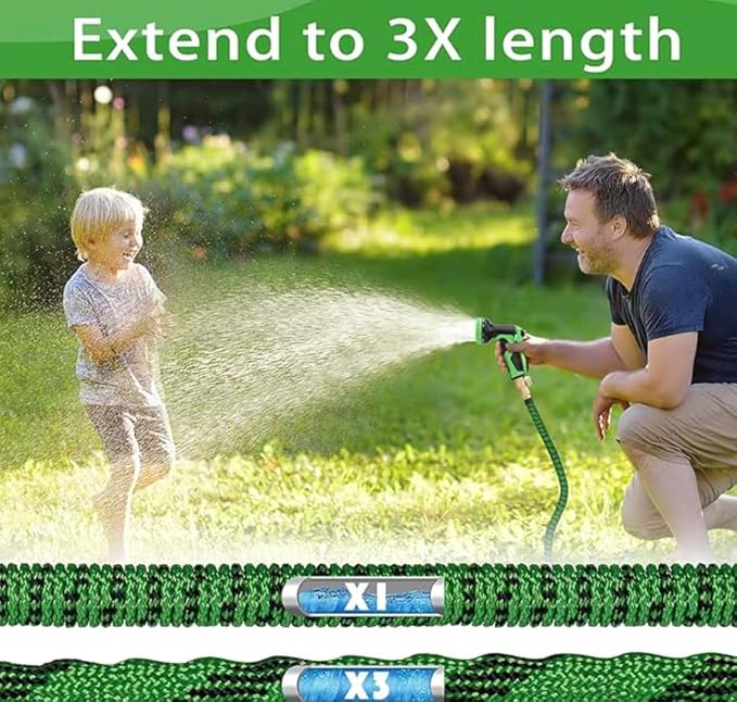 JB XpandaHose 100ft Expandable Garden Hose with Holder - Heavy Duty Superior Strength 3750D - 4 -Layer Latex Core - Extra Strong Brass Connectors and 10 Spray Nozzle wStorage Bag (Green 100)