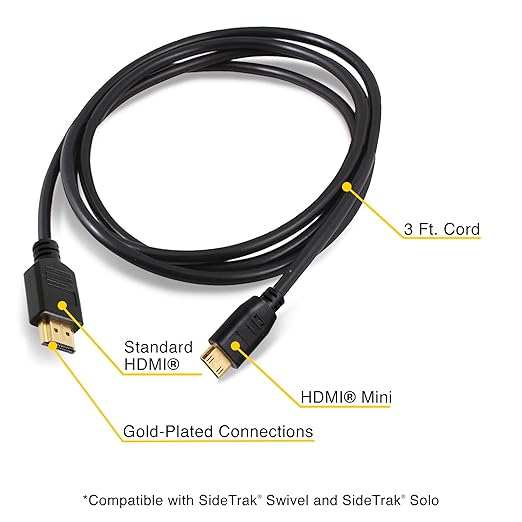 SideTrak Portable Monitor 3ft HDMI Cord HDMI to Mini HDMI Cable Compatible Swivel Solo Durable, Flexible, Tangle-Free Cord Black