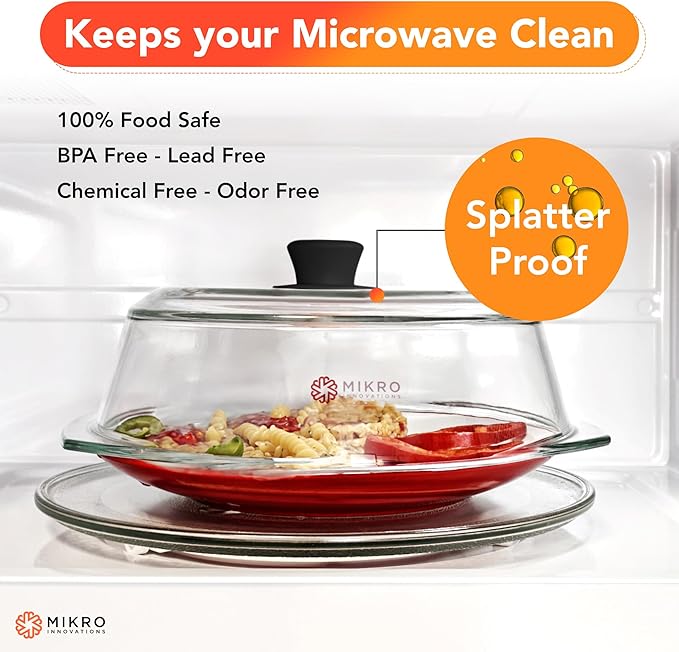 Tall Glass Microwave splatter cover | Sturdy clear 100% food safe BPA free glass lid with easy grip silicone handle | Heavy-duty glass for longer life, Dishwasher safe for easy cleaning - 10.5in