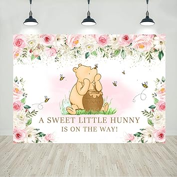 Classic Little Bear Baby Shower Backdrop Girls Pink Florals Cartoon Bees Birthday Photo Background Decorations Newborn Baby Shower Party Cake Table Supplies 5x3ft