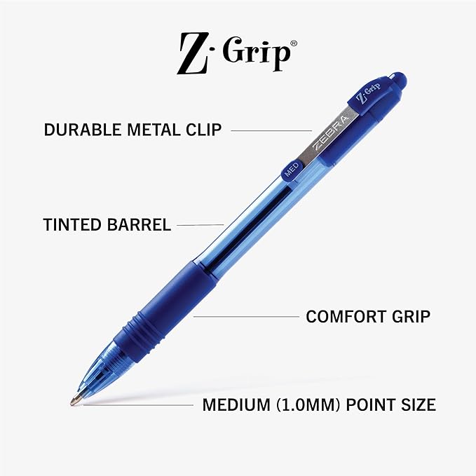 Zebra, Z-Grip Retractable Ballpoint Pen, 1.0mm, Blue, 2 Pack(22222)