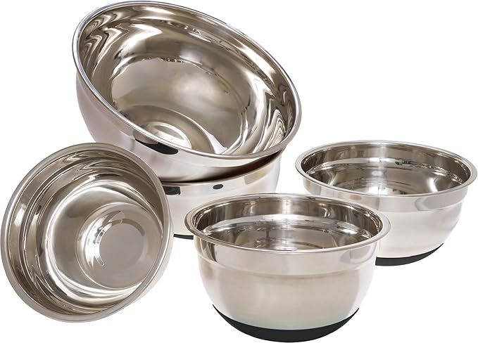 Stainless Steel Mixing Bowls (5 Piece Set) - Black Non-Slip Base - Easy to Clean, Premium Nesting Bowls (1.5 2.0 2.5 3.5 7.0 QT)