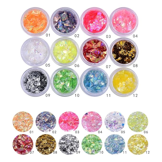 Nail Art Round Mermaid Glitter Sequins with Broken Shell Glass Paper Candy Foil Paillette Flakes DIY Tips 2 Set