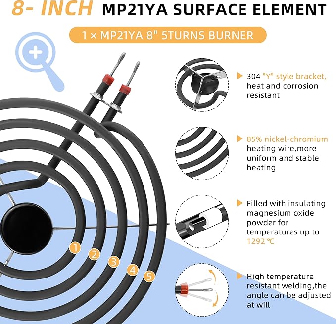 AMI PARTS MP21YA Electric Range Burner Surface Element (8 Inch) Compatible with Whirl-pool May-tag Ken-more Stove Burner Surface Element