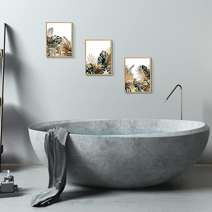 Loomarte Framed Plant Wall Art Simple Tropical Green Leaves Wall Decor Boho Palm Botanical Prints Minimalist Pictures Home Decorations for Living Room Bedroom Bathroom 12x16 Inches Golden Frame,3 PC
