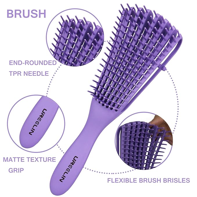 Detangling Brush set,Detangler Hair Brush with Teasing & Edge Brush for Curly Hiar, Rat Tail Comb Alligator Hair Clips for 3a to 4c Kinky Wavy/Curly/Coily/Wet/Dry/Oil/Thick/Long Hair(Purple)