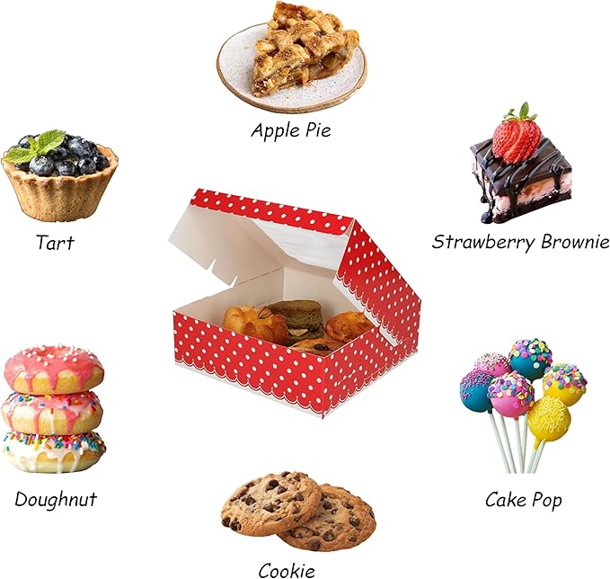 20 Pack Bakery Boxes with Window Small 6x6x2 inch for Cookie, Candy, Pastry, Brownie, Chiffon Cake, Tart, Pie, Waffle (Red-Polka Dot)