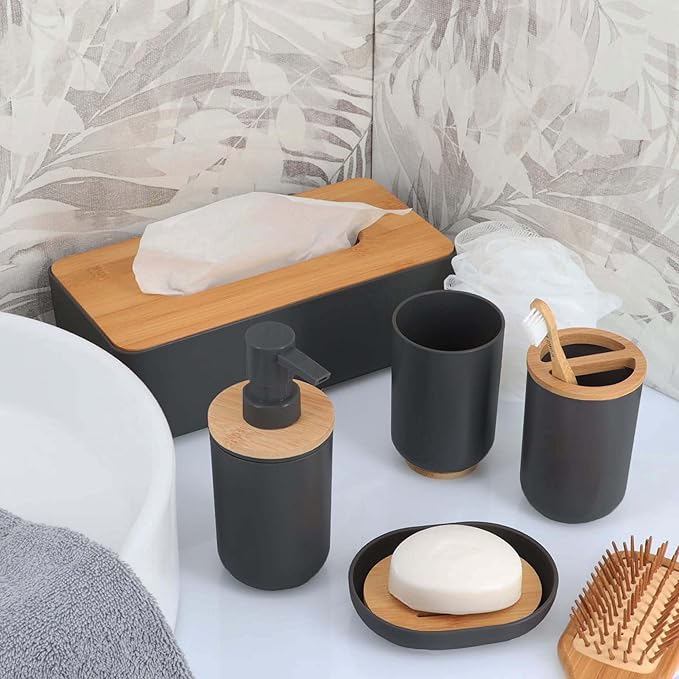 Black Toothpaste and Toothbrush Holder Padang with Bamboo Top - Chic Bathroom Organizer