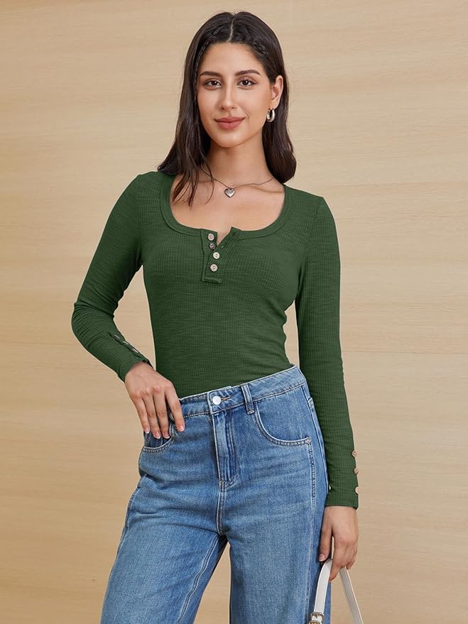 ATHMILE Women's Long Sleeve Shirts Casual Fall Henley Top Button Down Blouses Basic Ribbed Knit T Shirts 2025