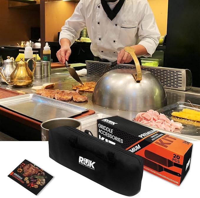 Blackstone Griddle Accessories Kit, RuK 20 PCS Flat Top Griddle Accessories Set with Anti-Scalding Long Handle Metal Spatula, Griddle Scraper, Cleaning Kit, e-Cookbook for Blackstone and Camp Chef