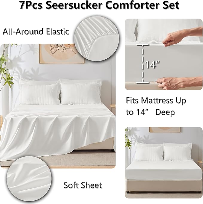 CozyLux King Comforter Set with Sheets White Seersucker Bed in a Bag 7-Pieces All Season Bedding Sets with Comforter, Pillow Sham, Flat Sheet, Fitted Sheet, Pillowcase