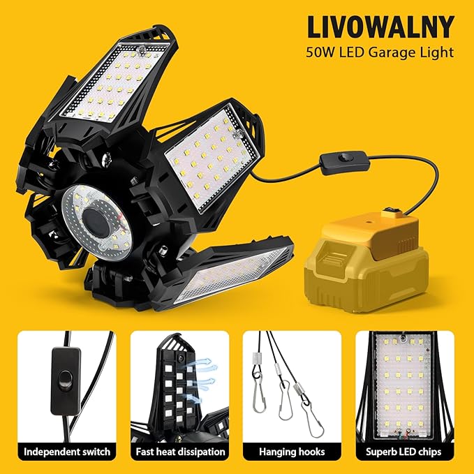 DEWALT LED Work Light for 20V Battery, 68W 6800LM Garage Flood and Ceiling Lights, Ideal for Car Repairs, Workshop, Camping