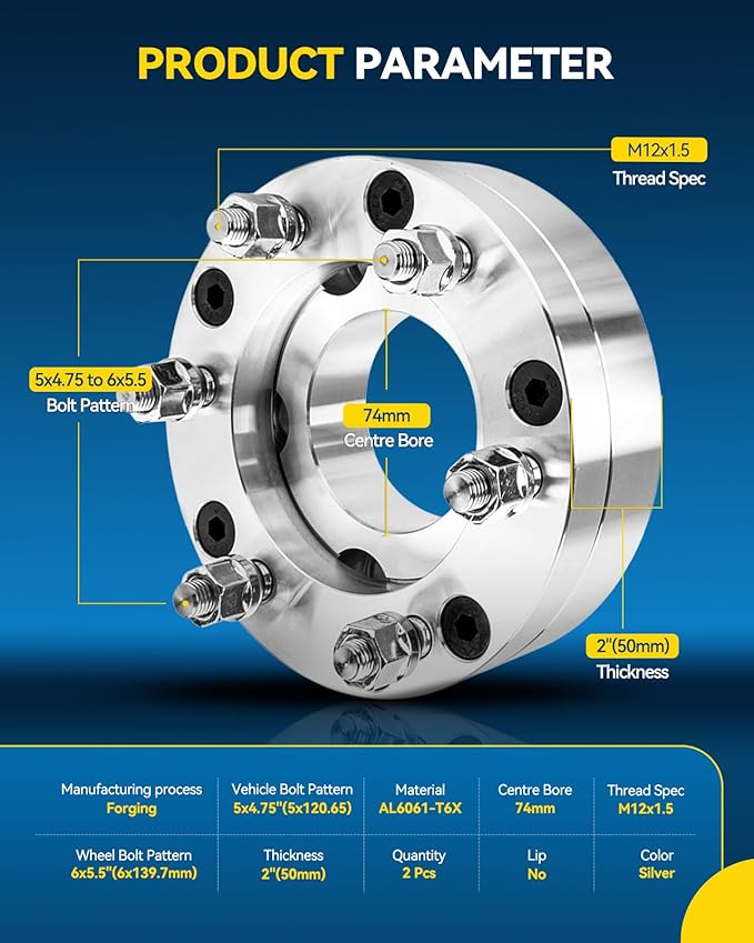 PHILTOP 5x4.75 to 6x5.5 Wheel Adapters,2" Lug Centric Wheel Adapters Change Bolts Pattern fit for for S10, Blazer, Camaro, Firebird, Jimmy, Monte Carlo, Thread Pitch M12x1.5 Hub Bore 74mm - 2Pcs