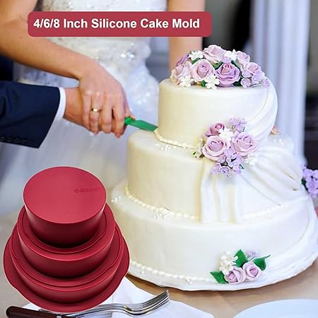 Nalchios 3-Piece Wine Red Silicone Round Cake Pans Set for Baking, Non-stick Flexible Silicone Baking Mold Pans for Layer Cake, Cheese Cake, Chocolate Cake 468 Inch