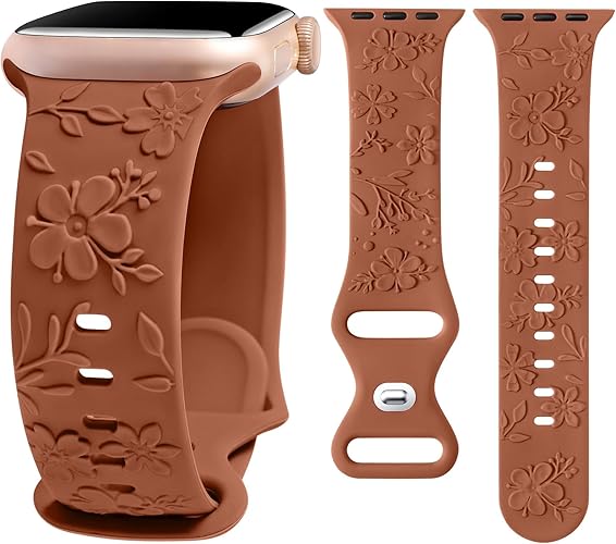 W-RARA Floral Engraved Band Compatible with Apple Watch Band 38/40/41/42/44/45/46/49mm Women, Cute Embossed Raised Cherry Blossoms Replacement Strap for iWatch Series 10 9 8 7 6 5 4 3 2 1 SE Ultra