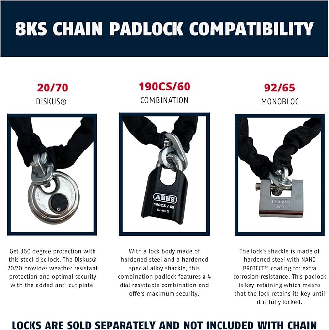 ABUS Hardened Steel 8KS 10 Foot x 5/16" Thick Square Security Chain for Bikes, Containers, Trailers, ATV, Motorcycles and Personal/Industrial Property