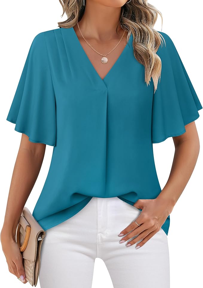 Timeson Women's V Neck Chiffon Blouse Ruffle Sleeve Ladies Work Shirts