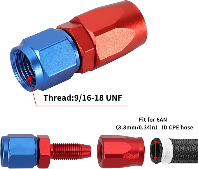 TOMALL 6AN Hose End Fitting Straight Swivel Aluminum 2PCS for Braided Fuel Oil Gas Line Hose End (RedBlue)