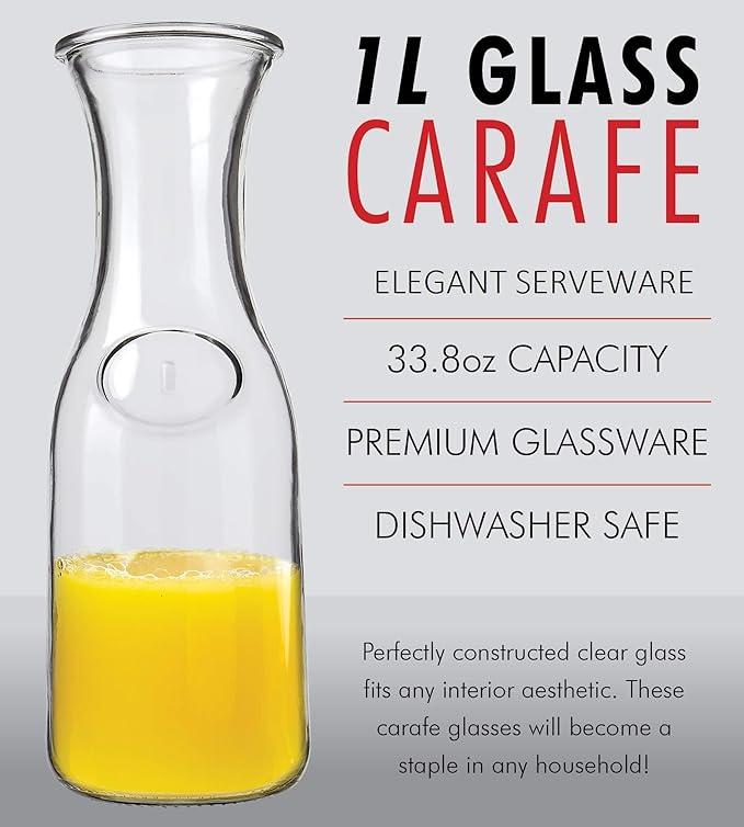 1 Liter Glass Carafe - Elegant Wine Decanter and Drink Pitcher - Narrow Neck For Comfortable Grip, Wide Mouth For Easy Pouring - Great for Parties and Events Kitchen Lux