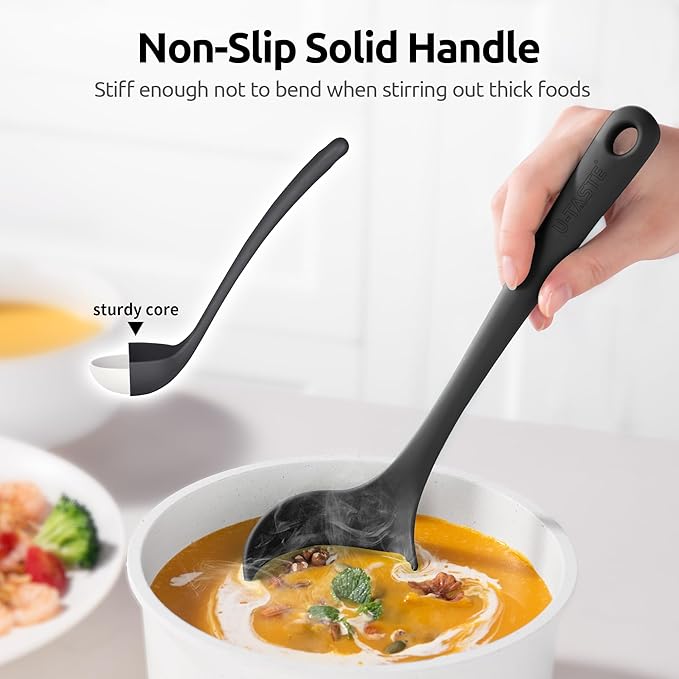 2.6oz Small Silicone Soup Ladle: U-Taste 600oF Heat Resistant Non-Stick Kitchen Deep Serving Spoon, Soft Cooking Utensil with Non-Slip Solid Handle for Mixing Sauce Stew Gravy (11in, Black)