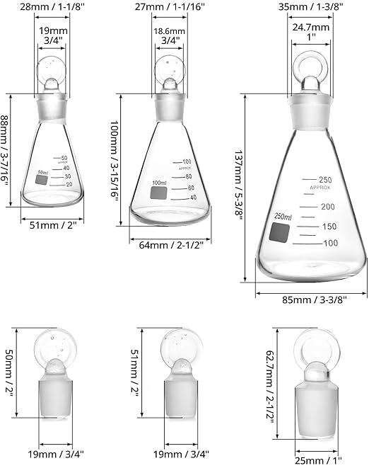 QWORK Borosilicate 3.3 Glass Erlenmeyer Flask Set (50, 100 and 250ml), 3 x Graduated Conical Flask with Glass Stopper for Lab, Experiment, Chemistry