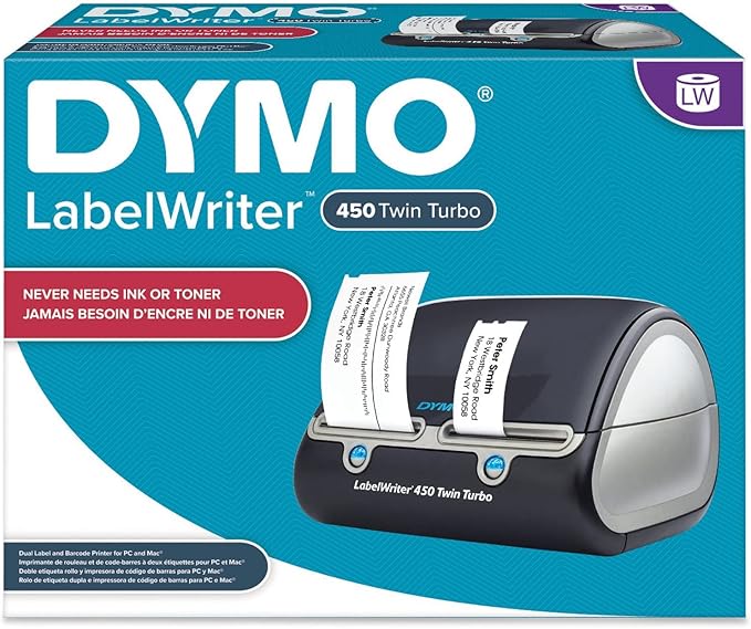 DYMO LabelWriter 450 Twin Turbo Direct Thermal Label Printer, USB Connectivity Monochrome Barcode Label Maker - Print up to 71 Labels Per Minute, 300 x 600 dpi, 2.20" Maximum Print Width