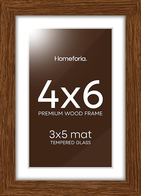Homeforia 4x6 Brown Picture Frame Wood, High End 4x6 Dark Wooden Frames for Wall or Tabletop, Photo Frames 4 x 6 Brown with Mat 3x5, Tempered Glass, Wall Kit, Set of 1