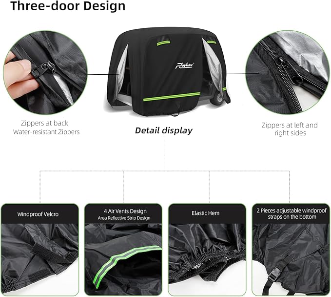 Roykaw Golf Cart Cover Superior 420D Waterproof Compatible with EZGO/Club Car/Yamaha & Most Brands 4 Passenger/2 Passenger Golf Cart,Reflective Strips/Two Windproof Straps/Three Sides Zipper Opening